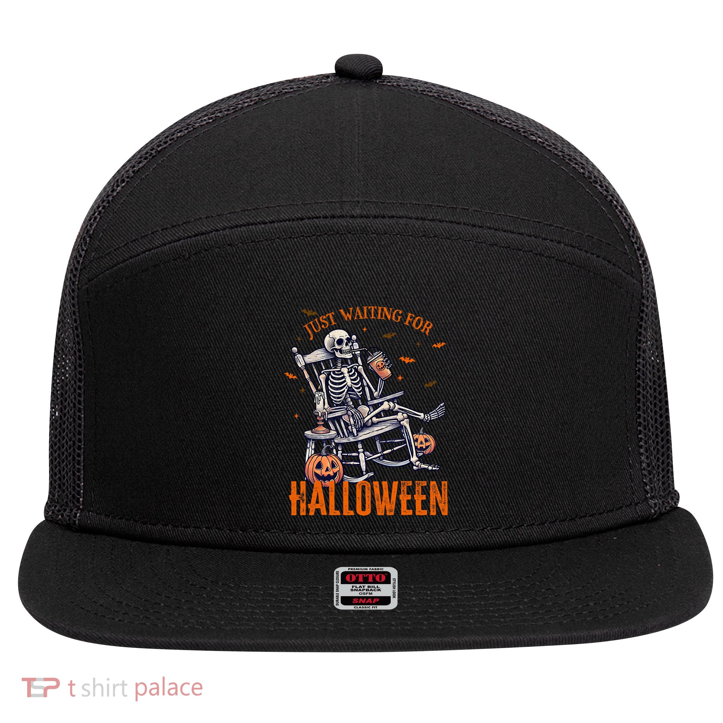 Funny Skeleton Christmas Design Just Waiting For Halloween 7 Panel Mesh Trucker Snapback Hat