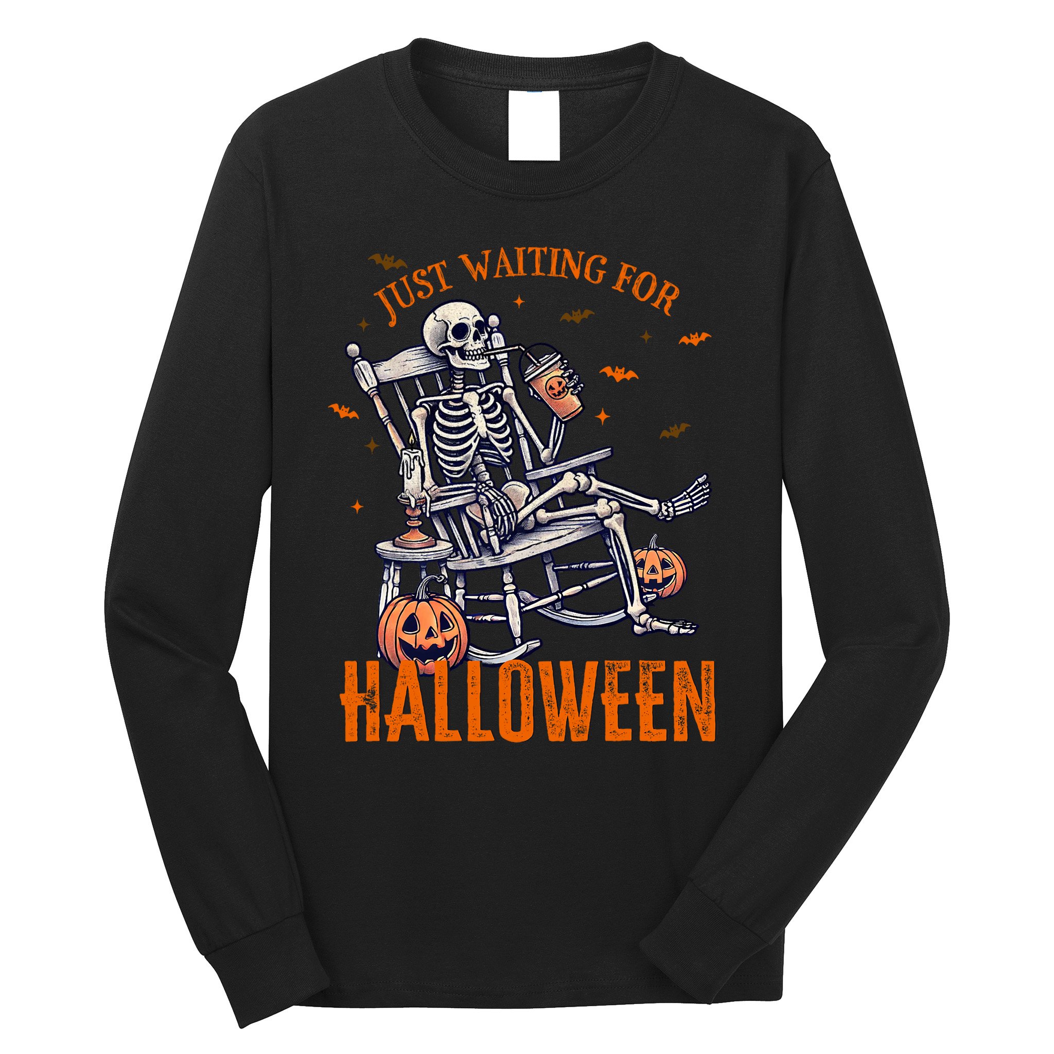 Funny Skeleton Christmas Design Just Waiting For Halloween Long Sleeve Shirt