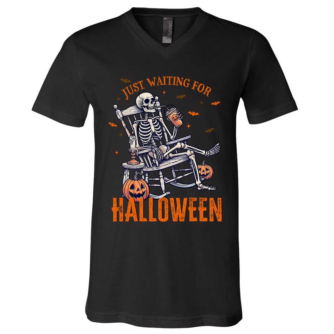 Funny Skeleton Christmas Design Just Waiting For Halloween V-Neck T-Shirt