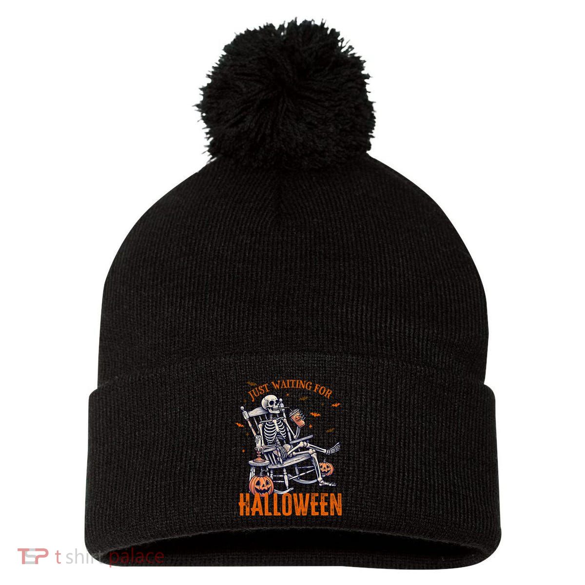 Funny Skeleton Christmas Design Just Waiting For Halloween Pom Pom 12in Knit Beanie