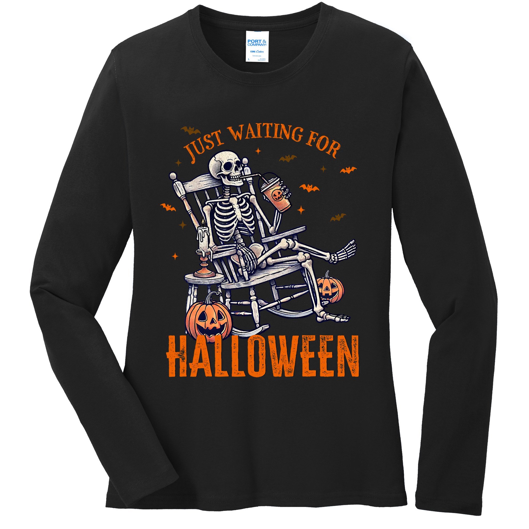 Funny Skeleton Christmas Design Just Waiting For Halloween Ladies Long Sleeve Shirt