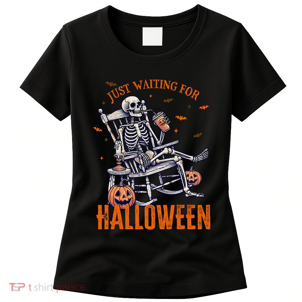 Funny Skeleton Christmas Design Just Waiting For Halloween Womens T-Shirt