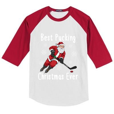 Funny Santa Claus Ice Hockey Best Pucking Christmas Gift Kids Colorblock Raglan Jersey