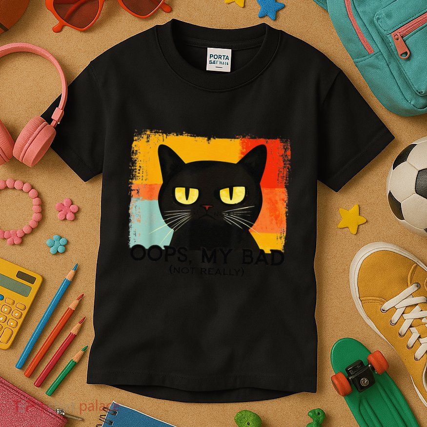 Funny Silly Cat Oops My Bad Not Really Sarcastic Saying Cat Kids T-Shirt