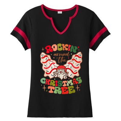 Festive Santa Claus Rockin' Around Christmas Tree Ladies Halftime Notch Neck Tee