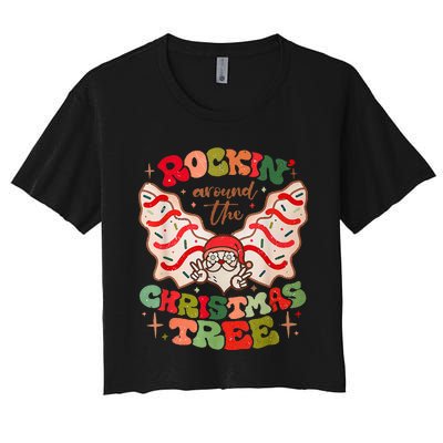 Festive Santa Claus Rockin' Around Christmas Tree Women's Crop Top Tee