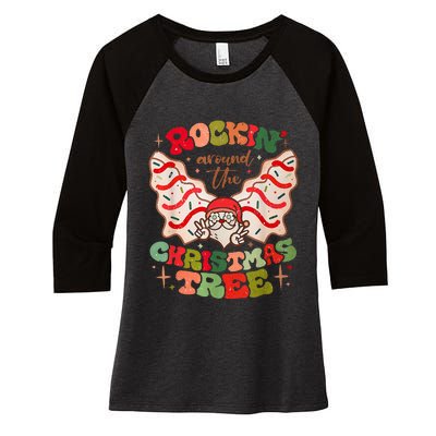 Festive Santa Claus Rockin' Around Christmas Tree Women's Tri-Blend 3/4-Sleeve Raglan Shirt