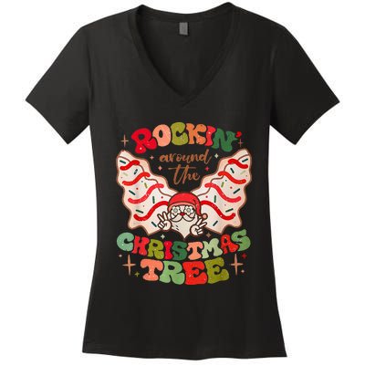 Festive Santa Claus Rockin' Around Christmas Tree Women's V-Neck T-Shirt