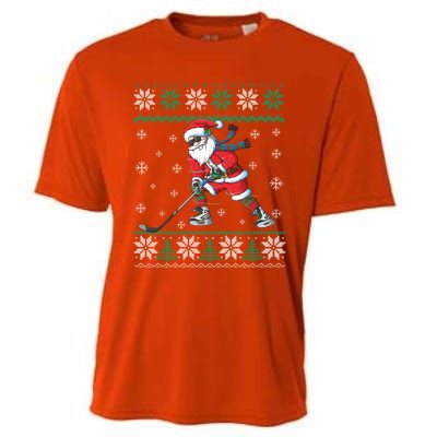 Funny Santa Claus Christmas Ice Hockey Ugly Sweater Boys Great Gift Cooling Performance Crew T-Shirt