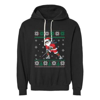 Funny Santa Claus Christmas Ice Hockey Ugly Sweater Boys Great Gift Garment-Dyed Fleece Hoodie