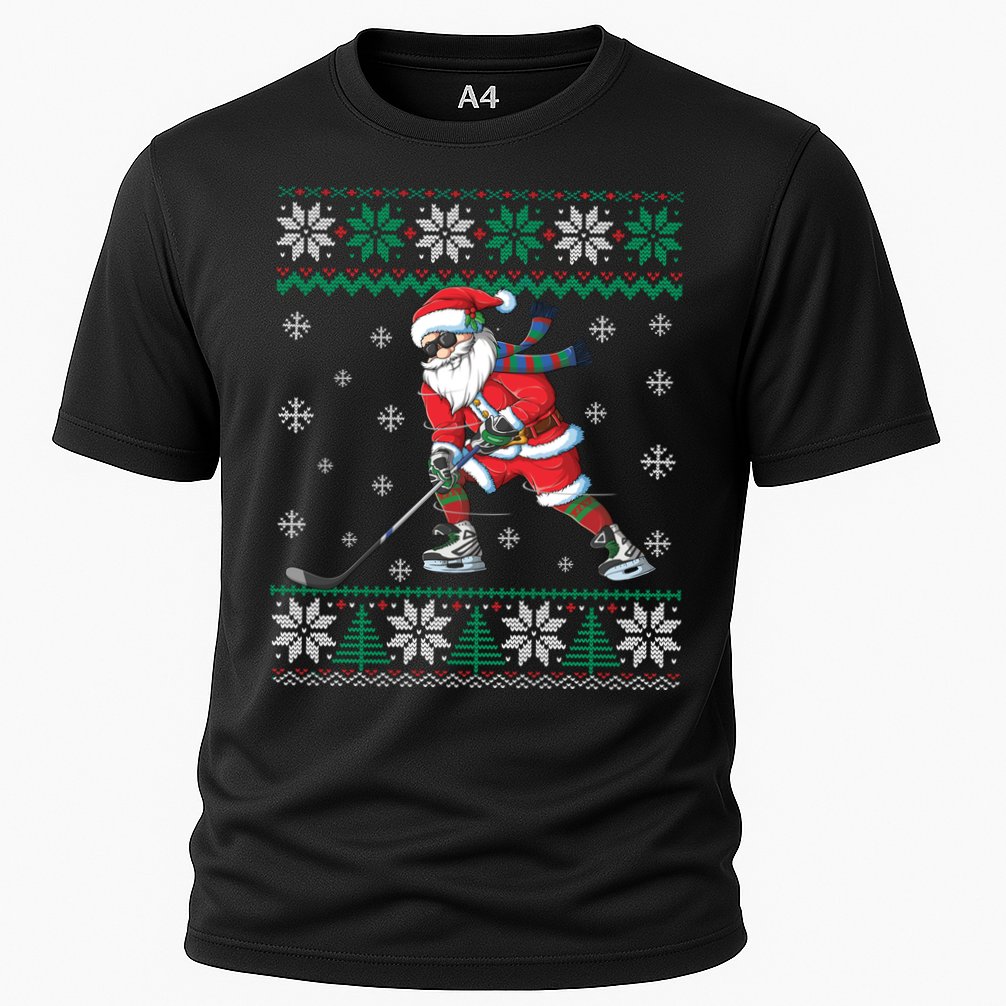 Funny Santa Claus Christmas Ice Hockey Ugly Sweater Boys Great Gift Cooling Performance Crew T-Shirt