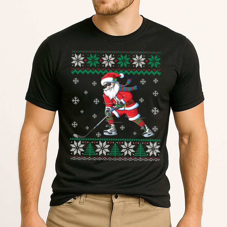 Funny Santa Claus Christmas Ice Hockey Ugly Sweater Boys Great Gift Cooling Performance Crew T-Shirt