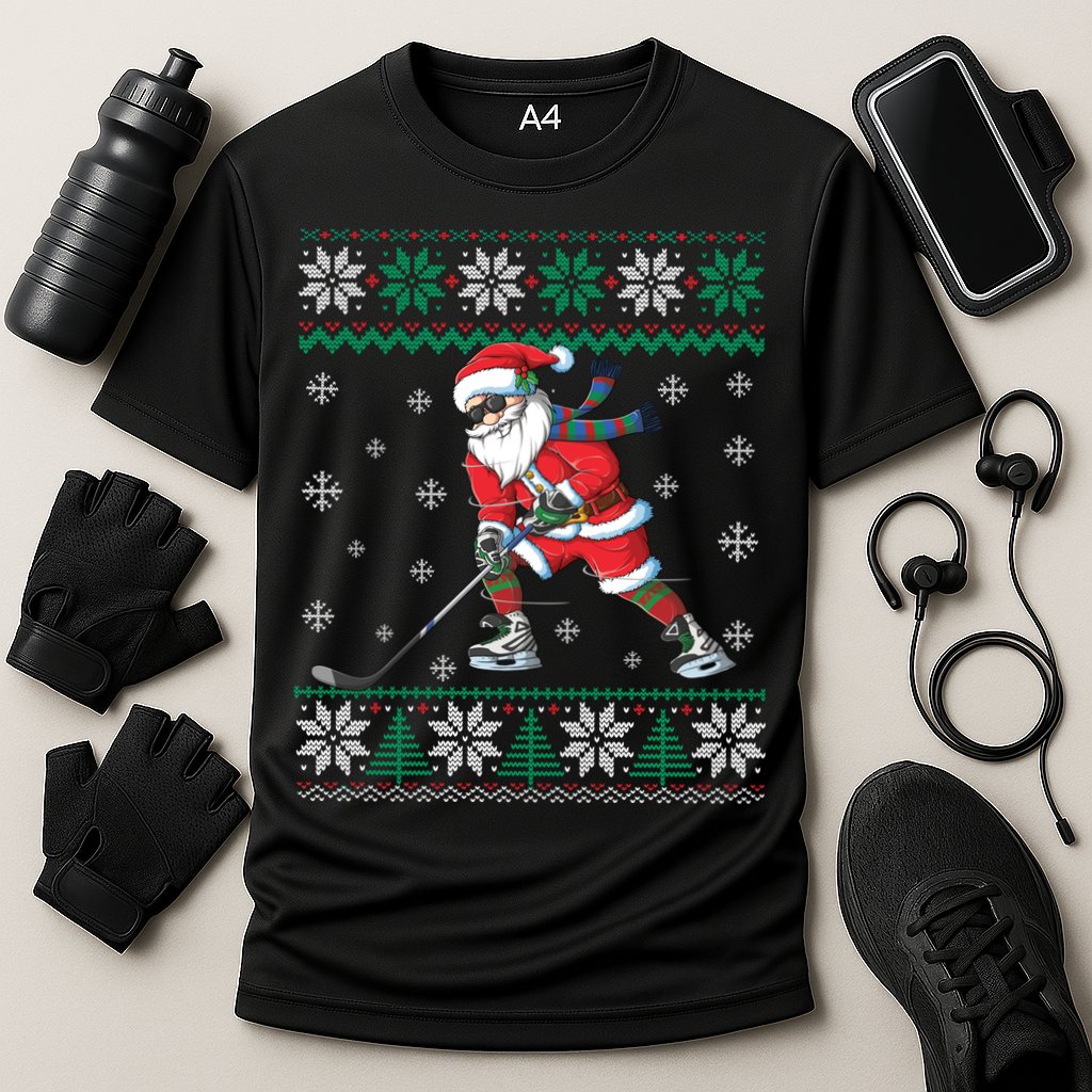 Funny Santa Claus Christmas Ice Hockey Ugly Sweater Boys Great Gift Cooling Performance Crew T-Shirt