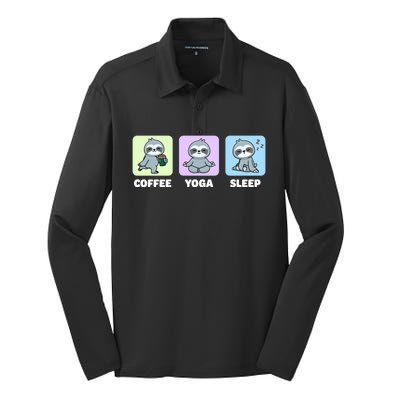 Funny Sloth Coffee Yoga Sleep Repeat Cute Kawaii Animal Funny Gift Silk Touch Performance Long Sleeve Polo