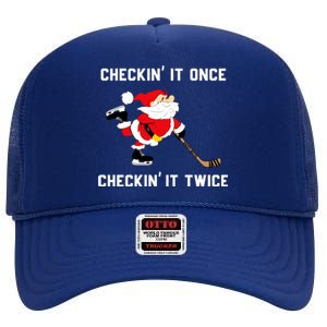 Funny Santa Clause Christmas Ice Hockey For Boys Great Gift High Crown Mesh Back Trucker Hat