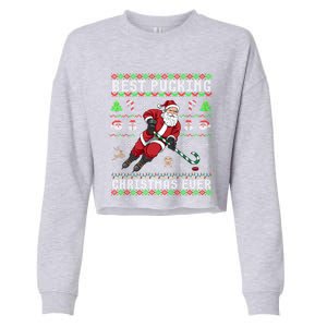 Funny Santa Claus Ugly Christmas Ice Hockey Best Pucking Gift Cropped Pullover Crew