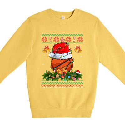 Funny Santa Claus Basketball Ball Wreath Christmas Lights Funny Gift Premium Crewneck Sweatshirt