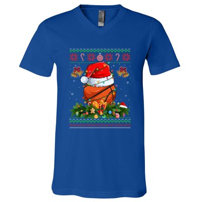 Funny Santa Claus Basketball Ball Wreath Christmas Lights Funny Gift V-Neck T-Shirt