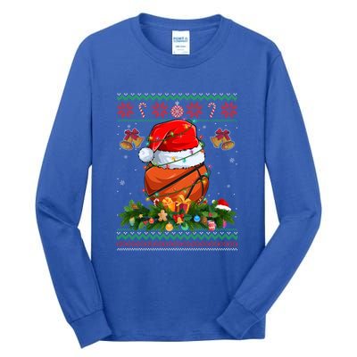 Funny Santa Claus Basketball Ball Wreath Christmas Lights Funny Gift Tall Long Sleeve T-Shirt