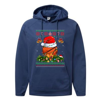 Funny Santa Claus Basketball Ball Wreath Christmas Lights Funny Gift Performance Fleece Hoodie