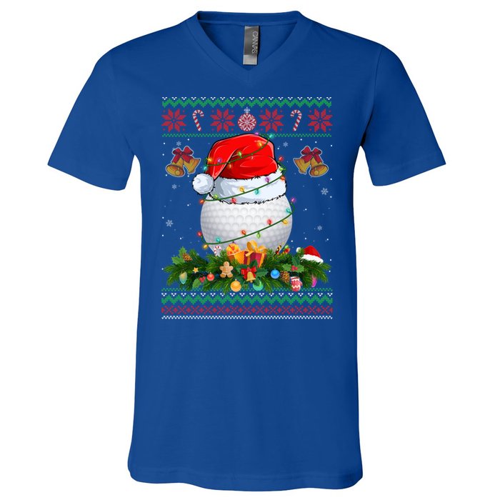 Funny Santa Claus Golf Ball Wreath Christmas Lights Xmas Pjs Gift V-Neck T-Shirt