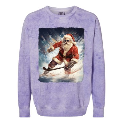 Funny Santa Clause Playing Ice Hockey Puck Xmas Pajama Gift Colorblast Crewneck Sweatshirt