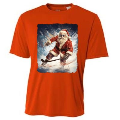 Funny Santa Clause Playing Ice Hockey Puck Xmas Pajama Gift Cooling Performance Crew T-Shirt