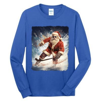 Funny Santa Clause Playing Ice Hockey Puck Xmas Pajama Gift Tall Long Sleeve T-Shirt