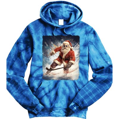 Funny Santa Clause Playing Ice Hockey Puck Xmas Pajama Gift Tie Dye Hoodie