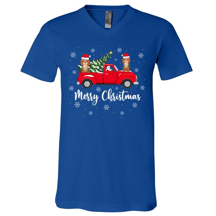 Funny Santa Claus Riding Red Truck Cockapoo Dog Christmas Gift V-Neck T-Shirt