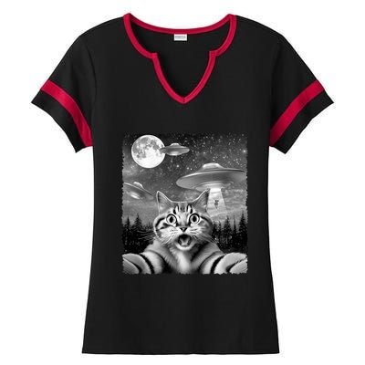 Funny Scared Cat Selfie With Ufos Gift Idea Ladies Halftime Notch Neck Tee