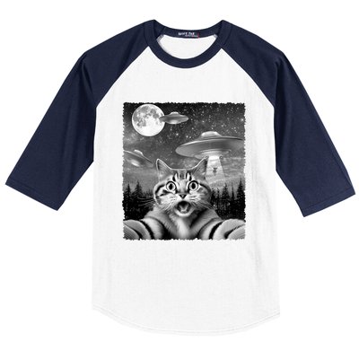 Funny Scared Cat Selfie With Ufos Gift Idea Baseball Sleeve Shirt