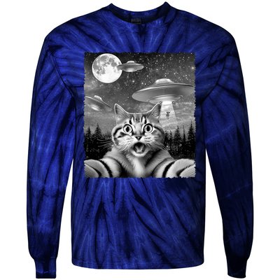 Funny Scared Cat Selfie With Ufos Gift Idea Tie-Dye Long Sleeve Shirt