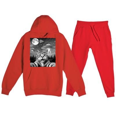 Funny Scared Cat Selfie With Ufos Gift Idea Premium Hooded Sweatsuit Set