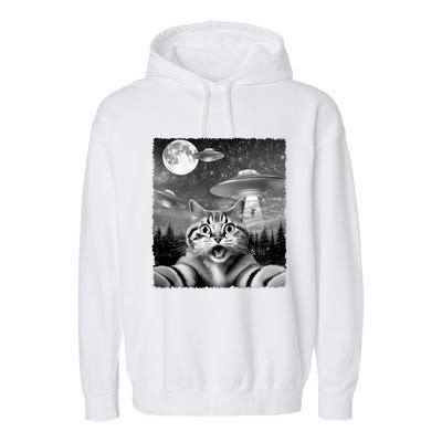 Funny Scared Cat Selfie With Ufos Gift Idea Garment-Dyed Fleece Hoodie