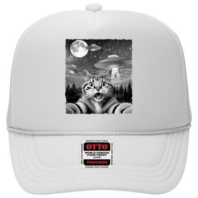 Funny Scared Cat Selfie With Ufos Gift Idea High Crown Mesh Back Trucker Hat