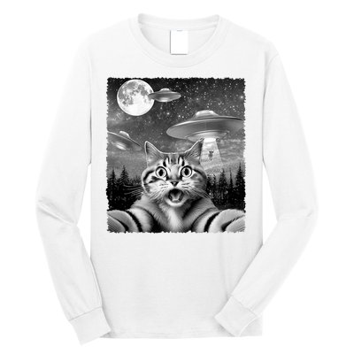 Funny Scared Cat Selfie With Ufos Gift Idea Long Sleeve Shirt