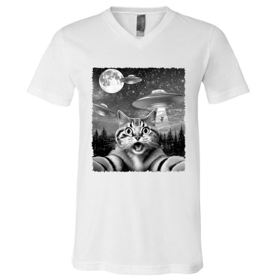 Funny Scared Cat Selfie With Ufos Gift Idea V-Neck T-Shirt