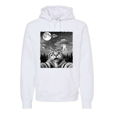 Funny Scared Cat Selfie With Ufos Gift Idea Premium Hoodie