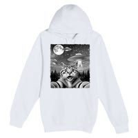 Funny Scared Cat Selfie With Ufos Gift Idea Premium Pullover Hoodie