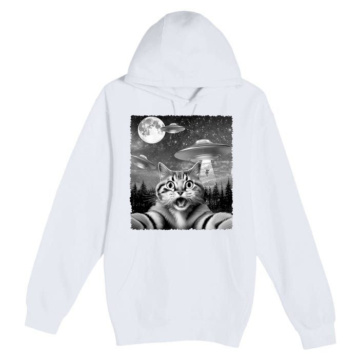 Funny Scared Cat Selfie With Ufos Gift Idea Premium Pullover Hoodie