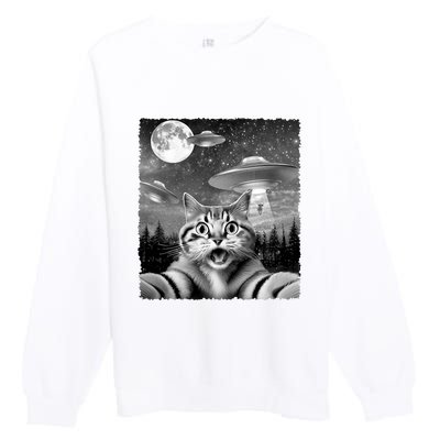 Funny Scared Cat Selfie With Ufos Gift Idea Premium Crewneck Sweatshirt