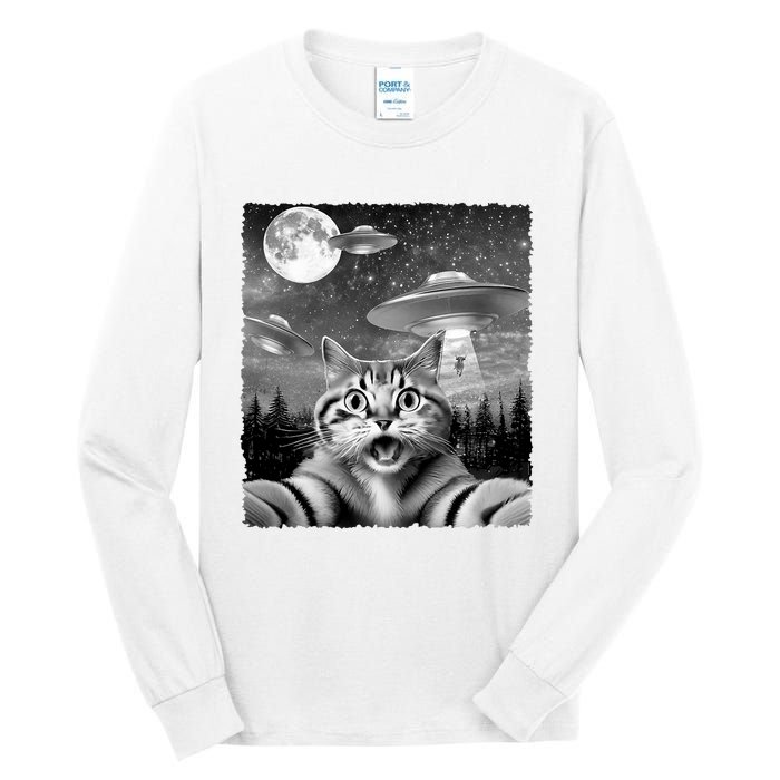 Funny Scared Cat Selfie With Ufos Gift Idea Tall Long Sleeve T-Shirt