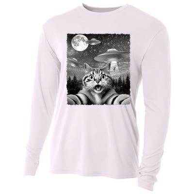 Funny Scared Cat Selfie With Ufos Gift Idea Cooling Performance Long Sleeve Crew