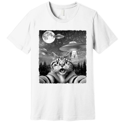 Funny Scared Cat Selfie With Ufos Gift Idea Premium T-Shirt