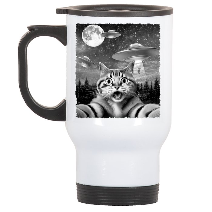 Funny Scared Cat Selfie With Ufos Gift Idea Stainless Steel Travel Mug