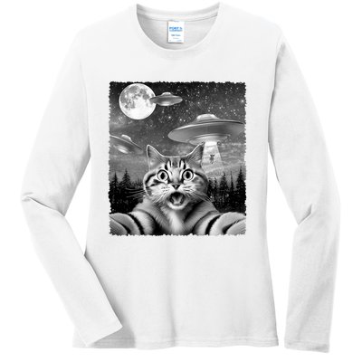 Funny Scared Cat Selfie With Ufos Gift Idea Ladies Long Sleeve Shirt