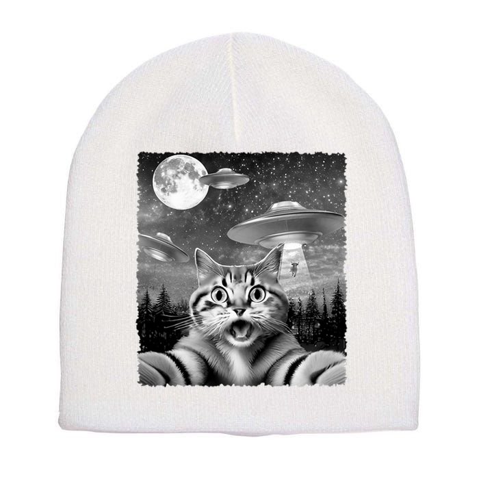 Funny Scared Cat Selfie With Ufos Gift Idea Short Acrylic Beanie