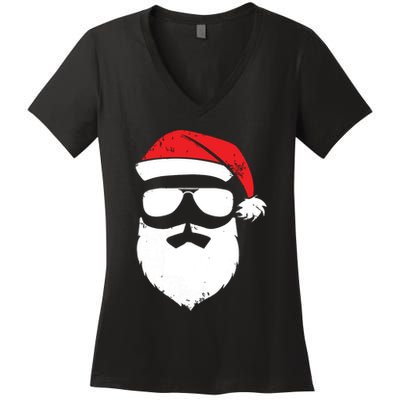 Funny Santa Claus Face Sunglasses With Hat Beard Christmas Women's V-Neck T-Shirt