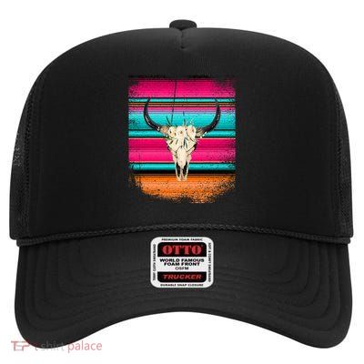 Funny Serape Cow Boho Print Flower Rustic Turquoise Pink High Crown Mesh Back Trucker Hat
